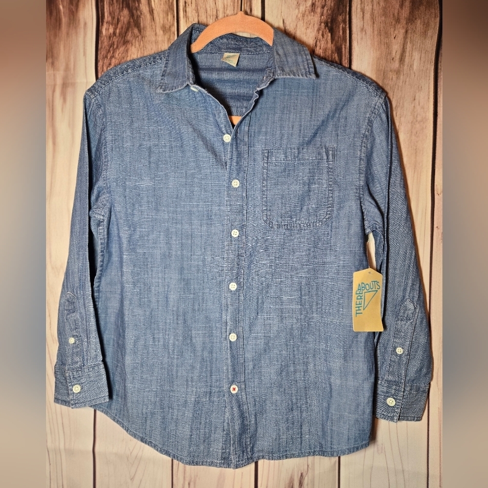 ThereAbouts Classic Blue Lightweight Denim Button-Down Shirt Youth Medium 10/12